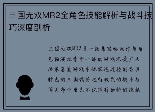 三国无双MR2全角色技能解析与战斗技巧深度剖析